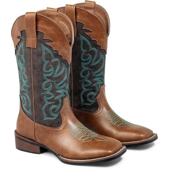 SheSole Western Boots Women's Brown Tan Faux Leather Square Toe Wide Mid Calf - Picture 4 of 9